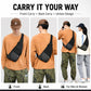 Waterproof crossbody chest bag on model, black with front zip pocket and adjustable strap.