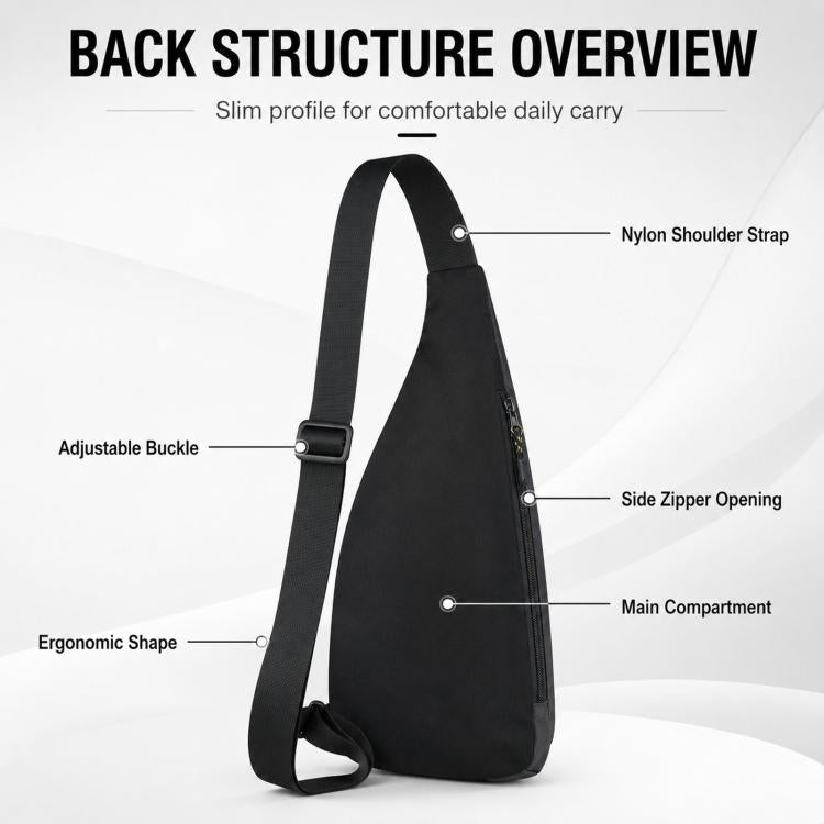 Crossbody chest bag back view, slim profile with adjustable strap and side zipper opening.