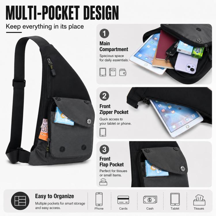 Crossbody chest bag with multiple pockets, front zipper compartment and flap pocket.