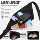 Black crossbody chest bag showing large capacity with front pocket for phone and essentials.