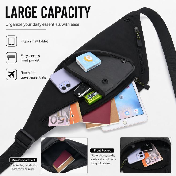 Black crossbody chest bag showing large capacity with front pocket for phone and essentials.