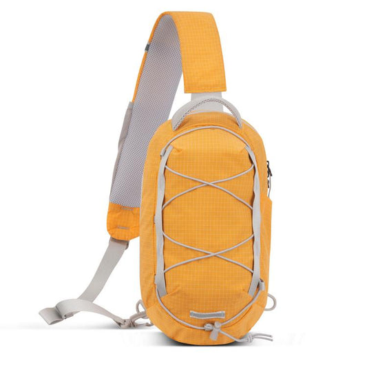 Yellow and gray mesh sling crossbody bag with front cord lacing and adjustable shoulder strap.