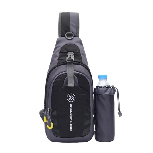 Black waterproof nylon chest sling bag with front pocket and side bottle pocket
