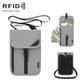 Gray RFID passport card holder pouch with front flap and neck strap