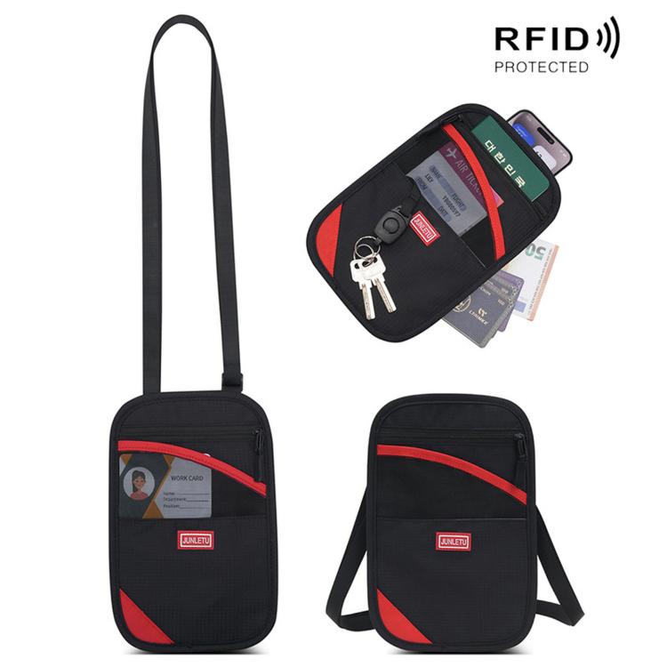 Black RFID passport card holder pouch with crossbody strap, red accents, key hook