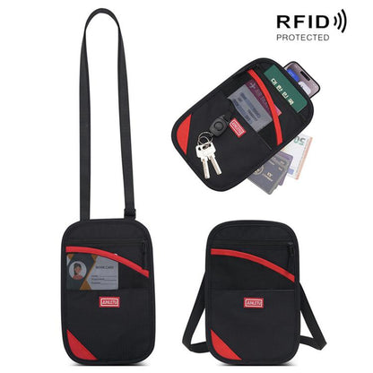 Black RFID passport card holder pouch with crossbody strap, red accents, key hook