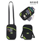 Black RFID passport card holder pouch with crossbody strap, green accents, key hook