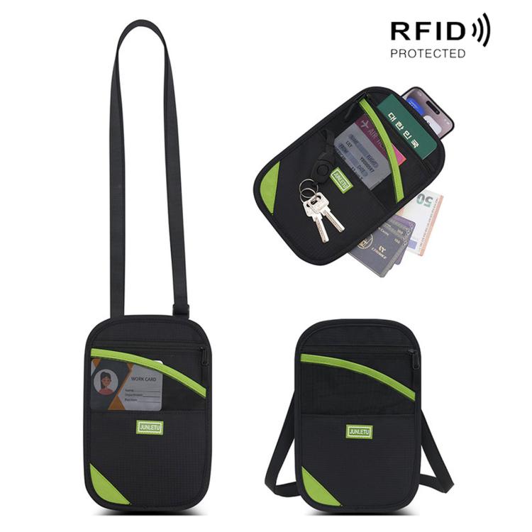 Black RFID passport card holder pouch with crossbody strap, green accents, key hook