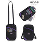 Black RFID passport card holder pouch with crossbody strap, purple accents, key hook