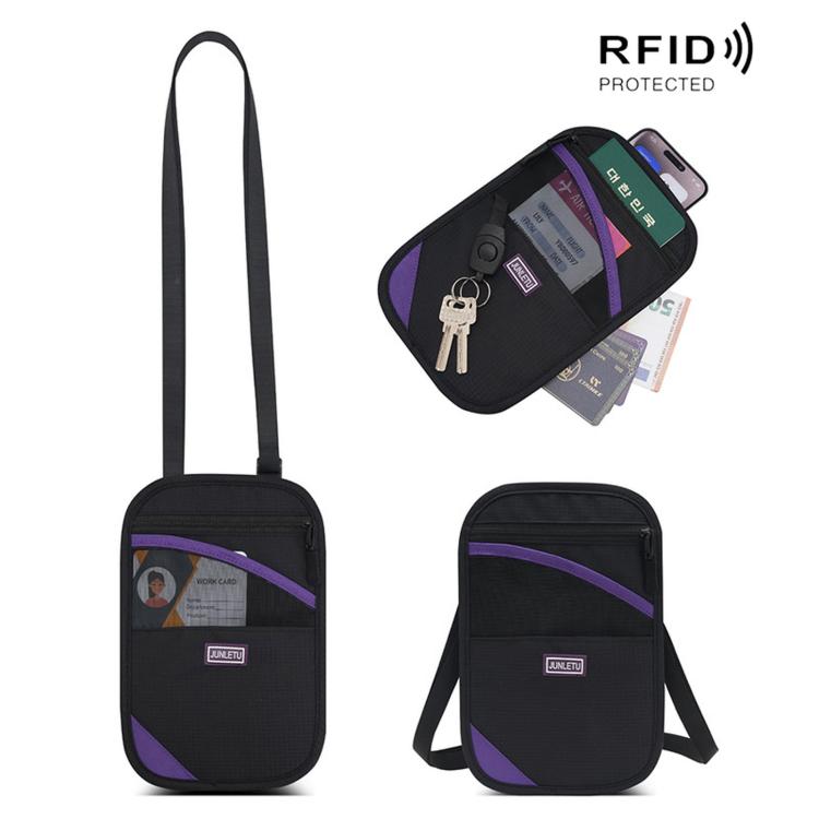 Black RFID passport card holder pouch with crossbody strap, purple accents, key hook