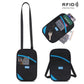 Black RFID passport card holder pouch with crossbody strap, blue accents, key hook