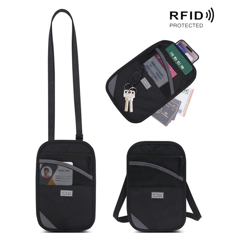 Black RFID passport card holder pouch with crossbody strap, gray accents, key hook