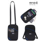 Black RFID passport card holder pouch with crossbody strap, dark blue accents, key hook