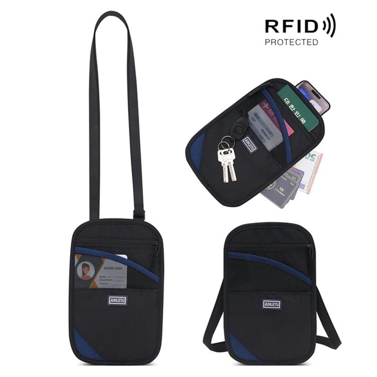 Black RFID passport card holder pouch with crossbody strap, dark blue accents, key hook