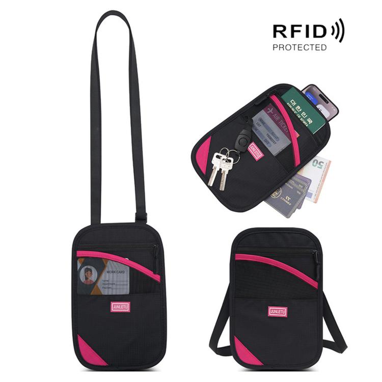 Black RFID passport card holder pouch with crossbody strap, pink accents, key hook