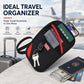 Black RFID passport card holder pouch with crossbody strap, red accents, holds cards