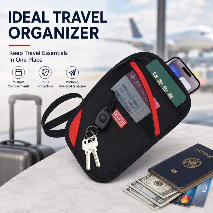 Black RFID passport card holder pouch with crossbody strap, red accents, holds cards