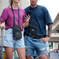 Purple and black RFID crossbody pouch on a person, with adjustable shoulder strap
