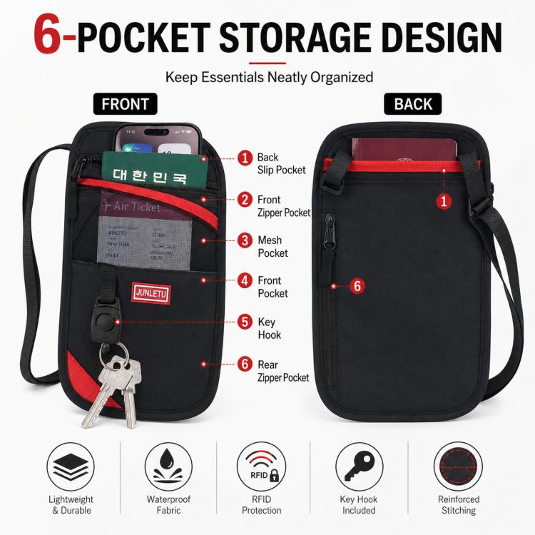 Black RFID passport pouch organizer with 6 pockets, key hook, crossbody strap