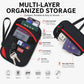Black RFID card holder wallet with red trim, multiple pockets, and lanyard strap