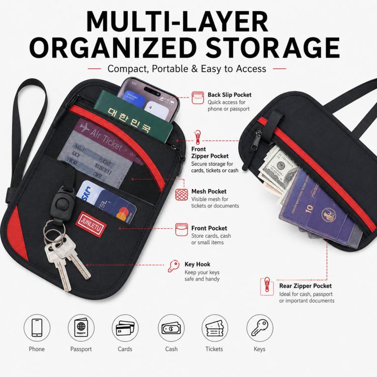 Black RFID card holder wallet with red trim, multiple pockets, and lanyard strap
