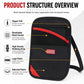 Black crossbody RFID pouch with red zipper accent, mesh pocket, and logo patch