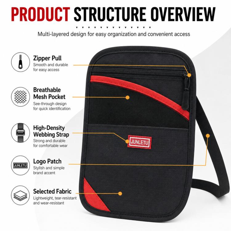 Black crossbody RFID pouch with red zipper accent, mesh pocket, and logo patch