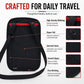 Black RFID travel pouch with red interior accents and adjustable shoulder strap