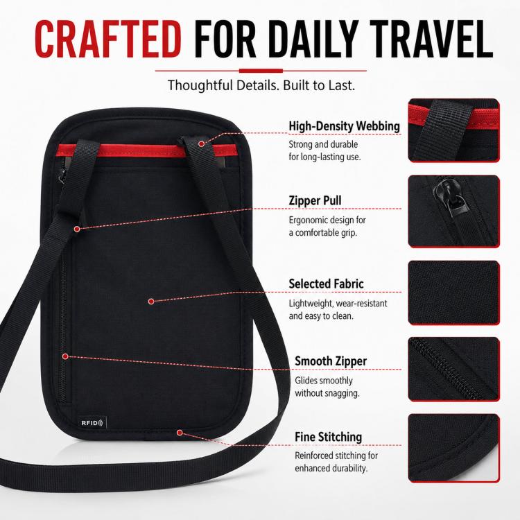 Black RFID travel pouch with red interior accents and adjustable shoulder strap