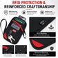 Black RFID card holder pouch with reinforced stitching, secure zipper, and red panel