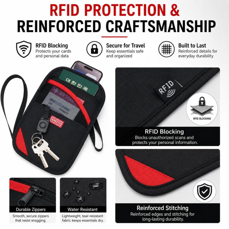 Black RFID card holder pouch with reinforced stitching, secure zipper, and red panel