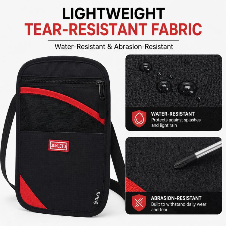 Black lightweight RFID passport holder with red diagonal stripe and smooth zipper