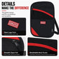 Black RFID crossbody pouch with red zipper pull, logo patch, and breathable mesh pocket