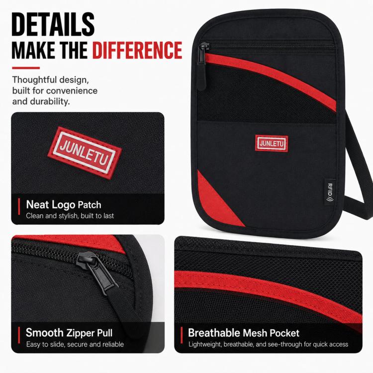 Black RFID crossbody pouch with red zipper pull, logo patch, and breathable mesh pocket