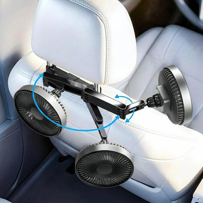 Car headrest cooling fan with black clip mount and two round fans on rear seat