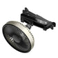 Black car headrest fan unit with adjustable clip mount and circular fan blades