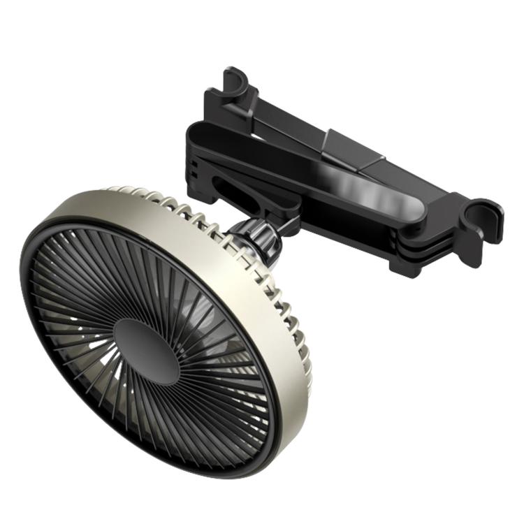 Black car headrest fan unit with adjustable clip mount and circular fan blades