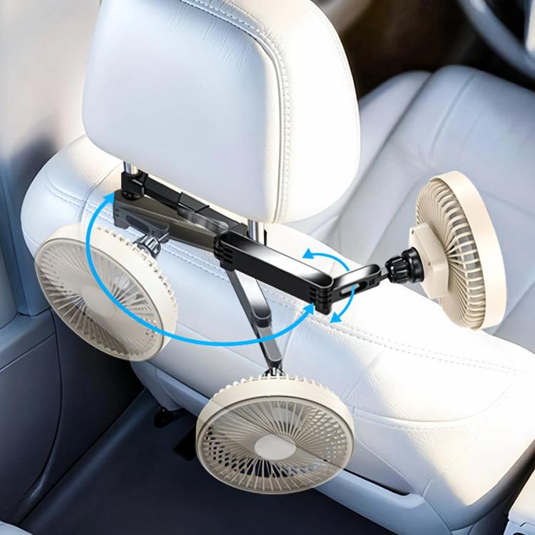 Car headrest cooling fan with beige fan cover and black arm on rear seat