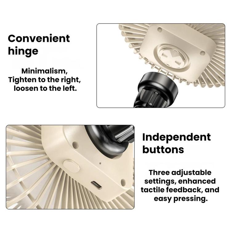 Car headrest fan with hinge and three-position control buttons on circular fan cover