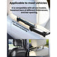 Car headrest fan clip mounted on seatback with headrest sizing and placement