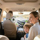 Car rear seat headrest fan blowing air, clip-mounted for cooling while driving
