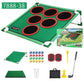 Green golf target mat kit with nine holes, balls, tee, and foldable stand frame