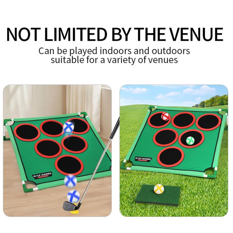 Green golf target mat shown for indoor and outdoor play with practice balls
