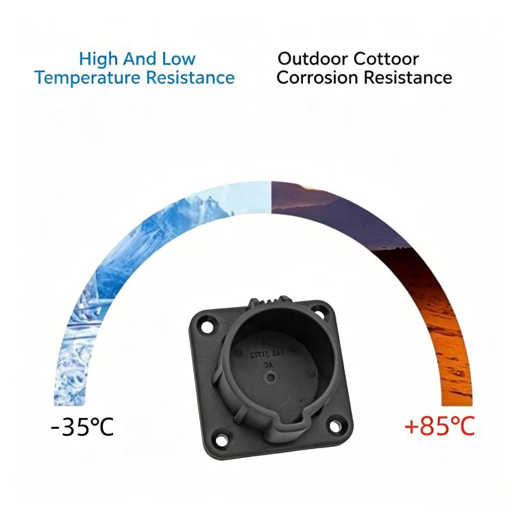 Black EV charger holder base with temperature resistance graphic illustration