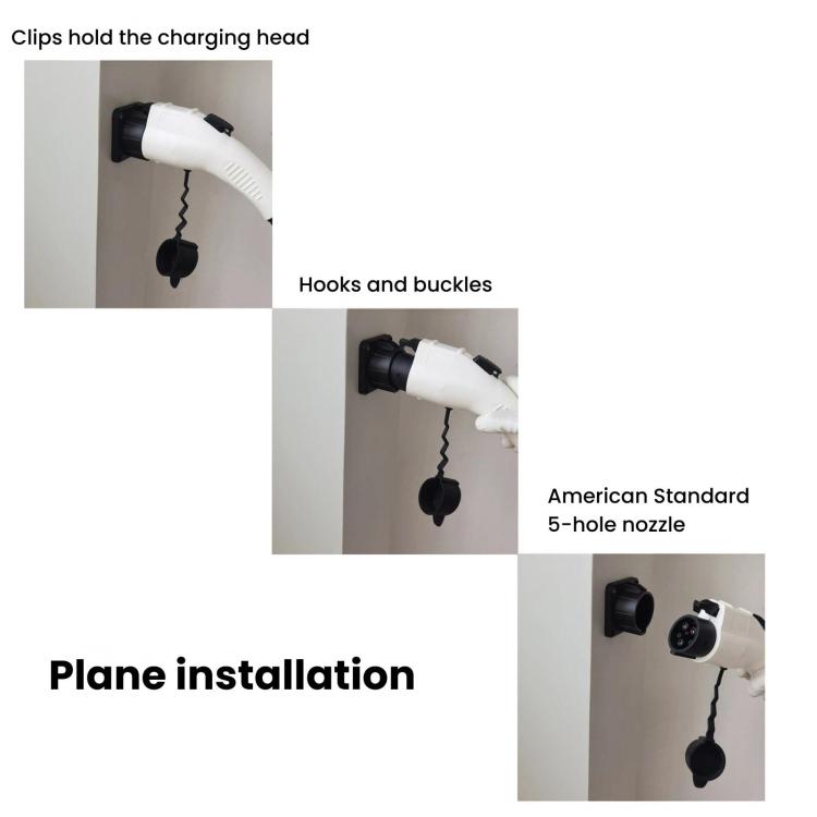 EV charger holder bracket with clips and hooks securing the charging head