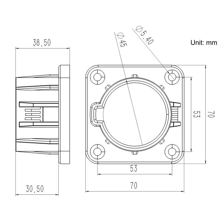 EV charger holder bracket dimension drawing with circular opening and mounting holes