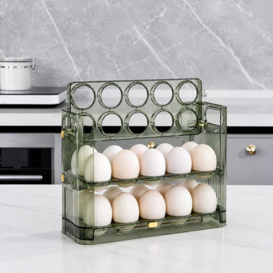 Transparent green 3-tier flip-up egg holder with 30 egg slots, countertop display
