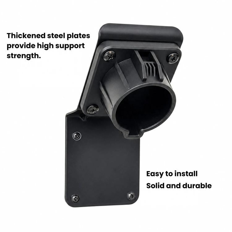 Black wall-mount EV charger gun dock with circular plug cradle and screws