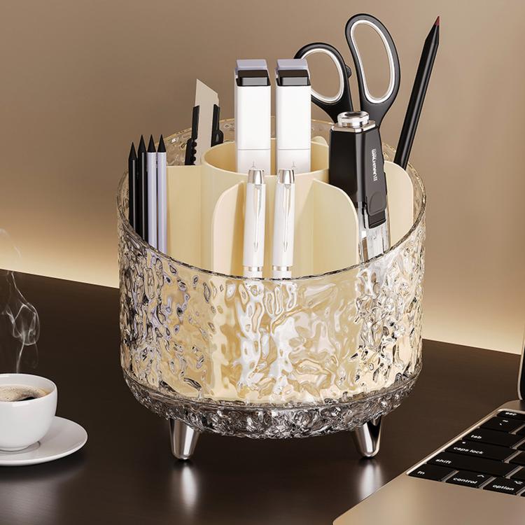 360-degree rotating makeup organizer featuring multiple slots and open central brush holder