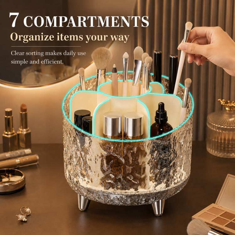 Makeup organizer with 7 compartments, clear rim, and open brush storage base